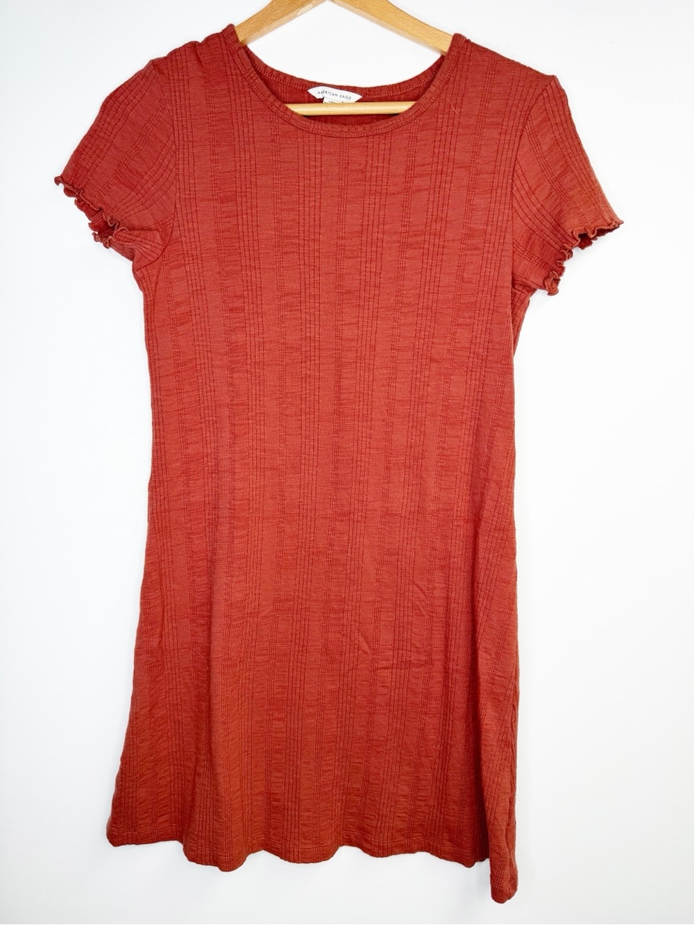 American Eagle Pointelle‎ Rib Knit Dress Size S Rust Short Sleeve Cotton Stretch